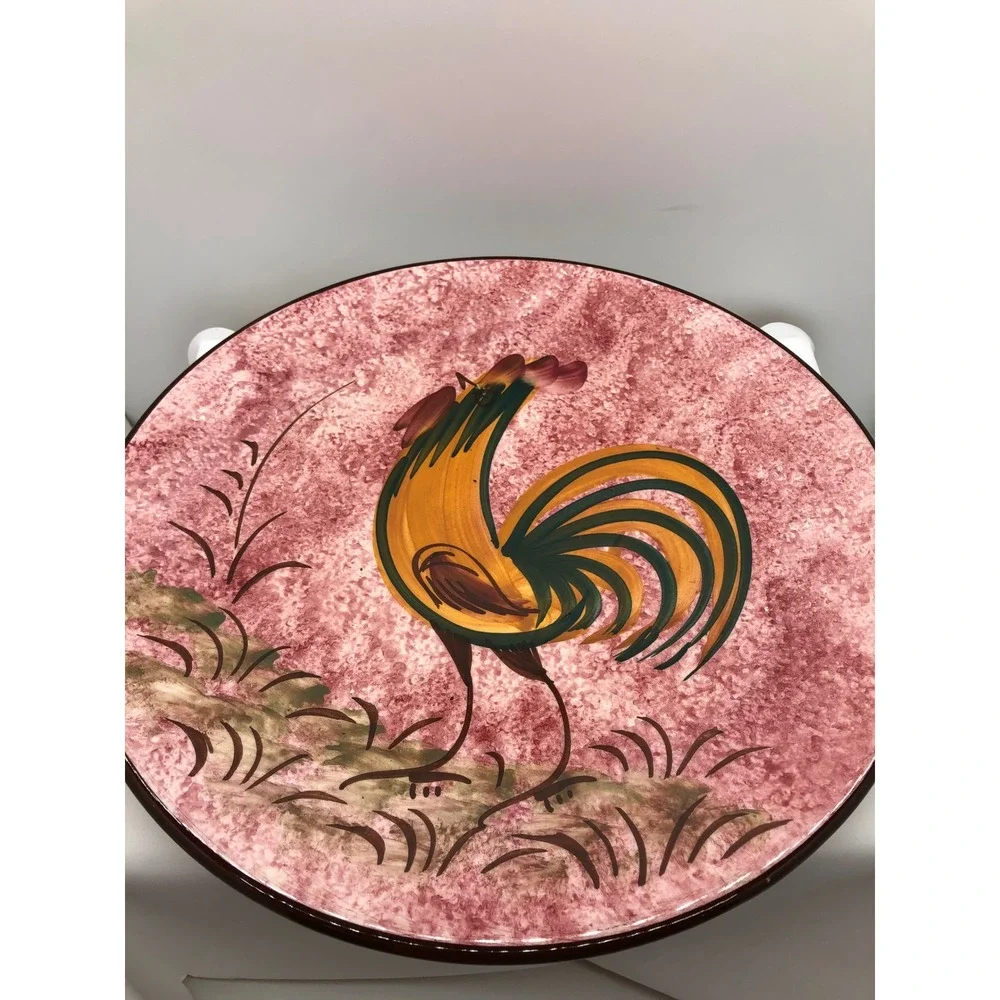 Vintage‎ Hand Painted Rooster Ceramic Charger Plate Pink Sponged Wall Decor